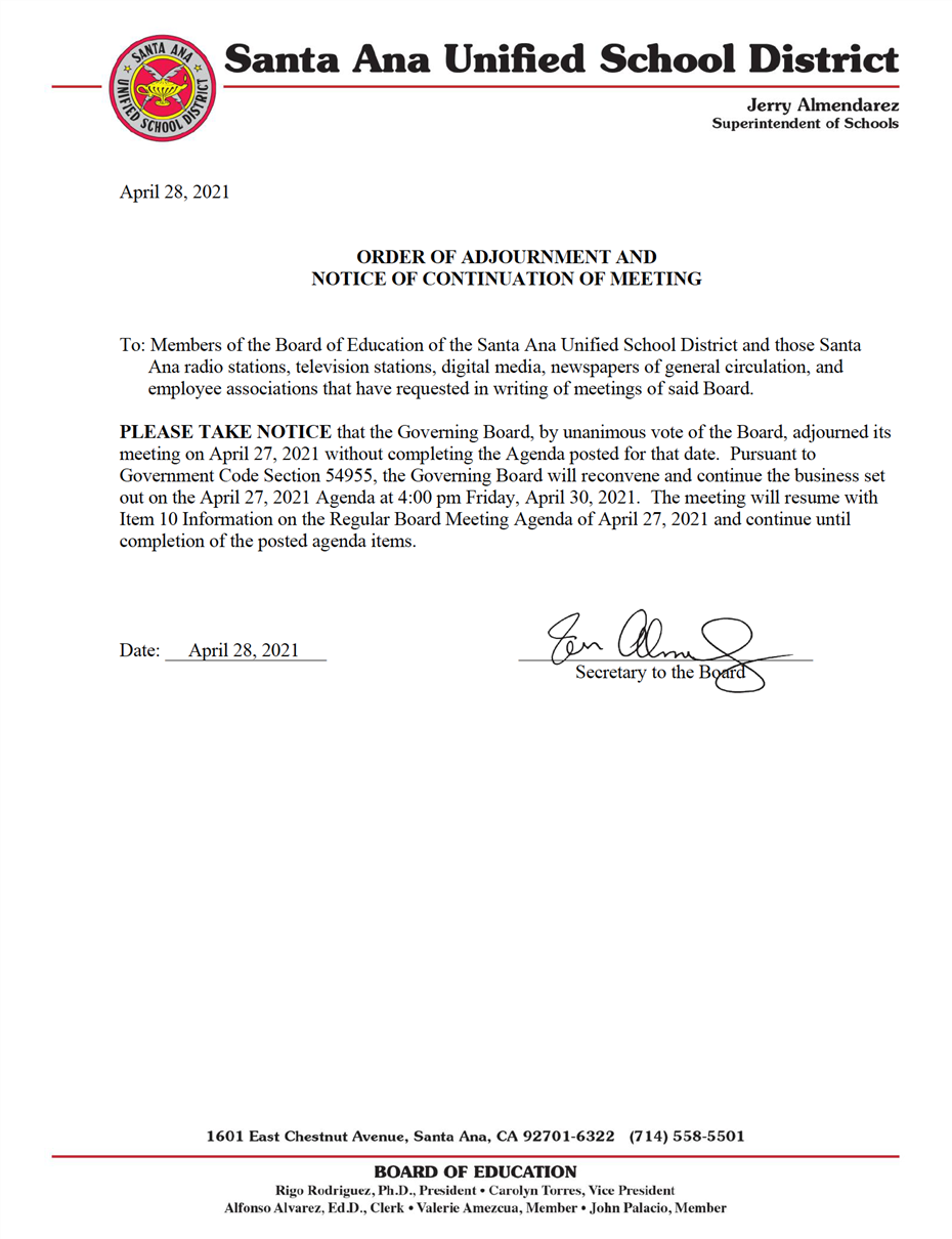 ORDER OF ADJOURNMENT AND NOTICE OF CONTINUATION OF MEETING